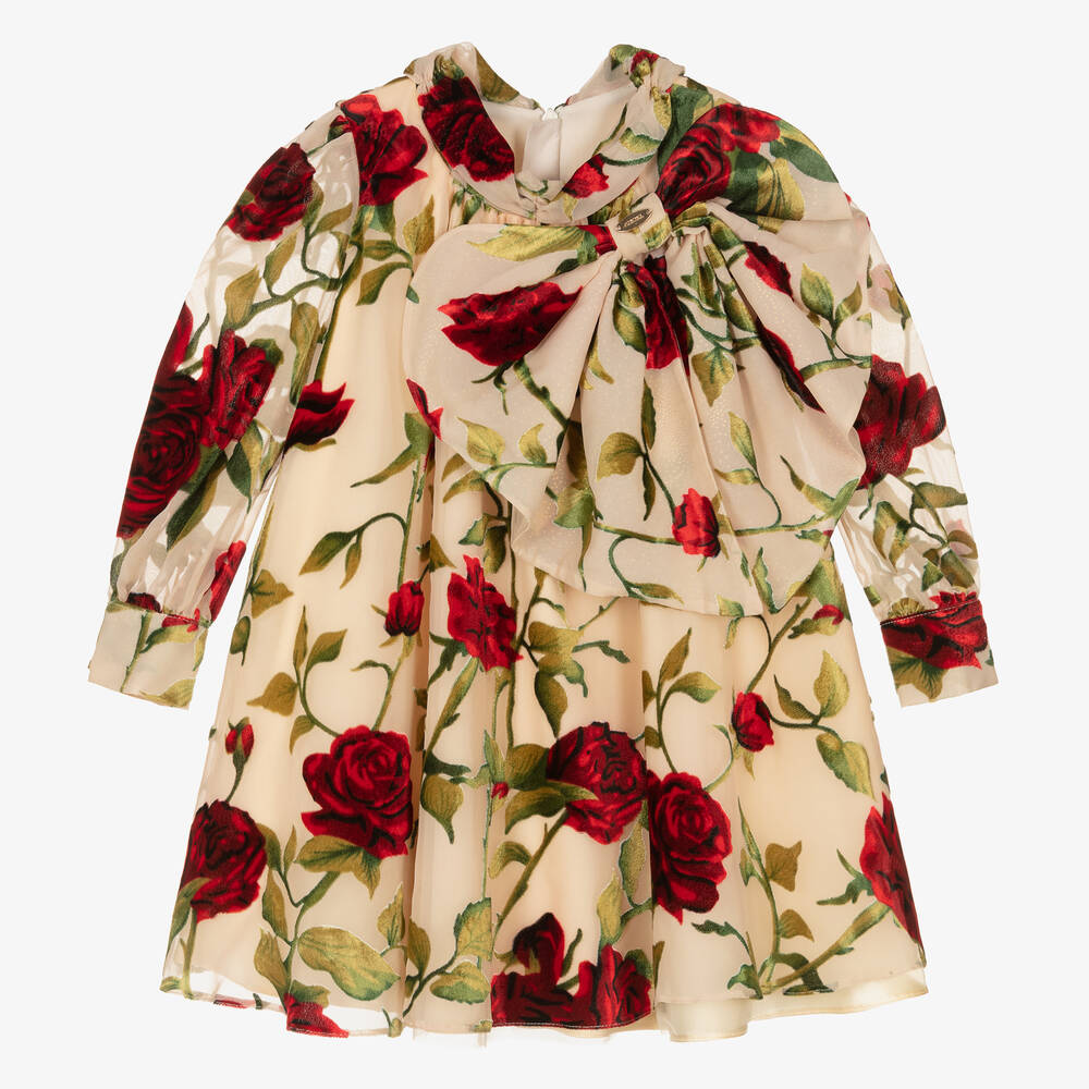 Junona - Robe beige rouge à roses Fille | Childrensalon