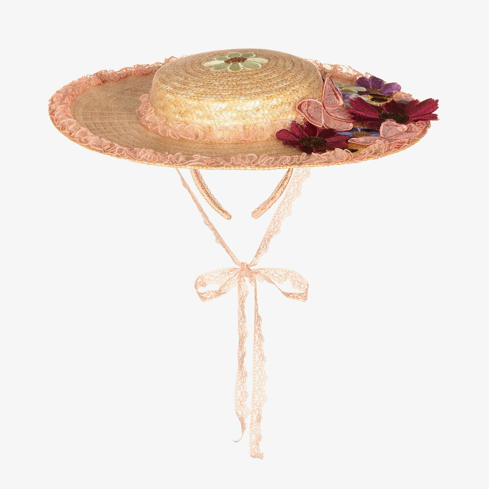 Junona - Бежевая соломенная шляпа с цветами | Childrensalon