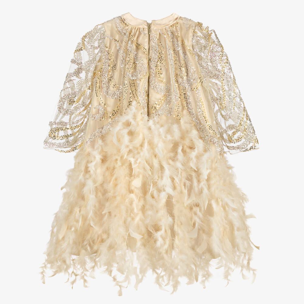 Junona-Girls Beige Tulle Dress with Sequin & Feather Trim | Childrensalon Outlet