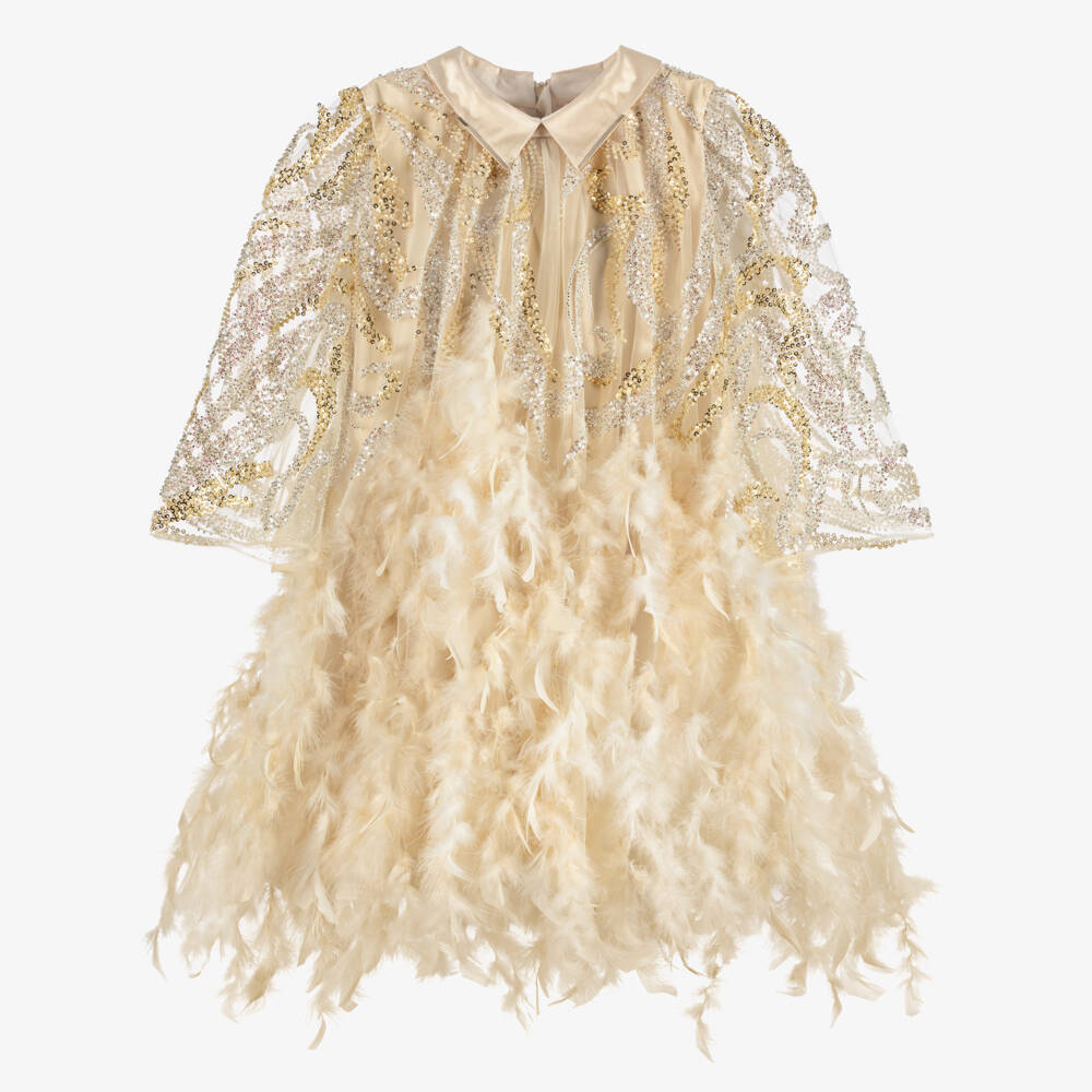 Junona-Girls Beige Tulle Dress with Sequin & Feather Trim | Childrensalon Outlet