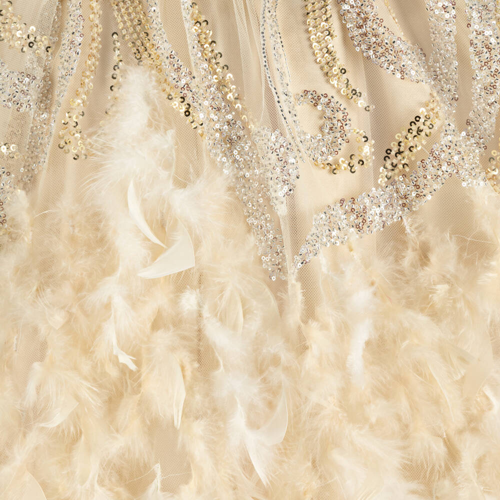 Junona-Girls Beige Tulle Dress with Sequin & Feather Trim | Childrensalon Outlet