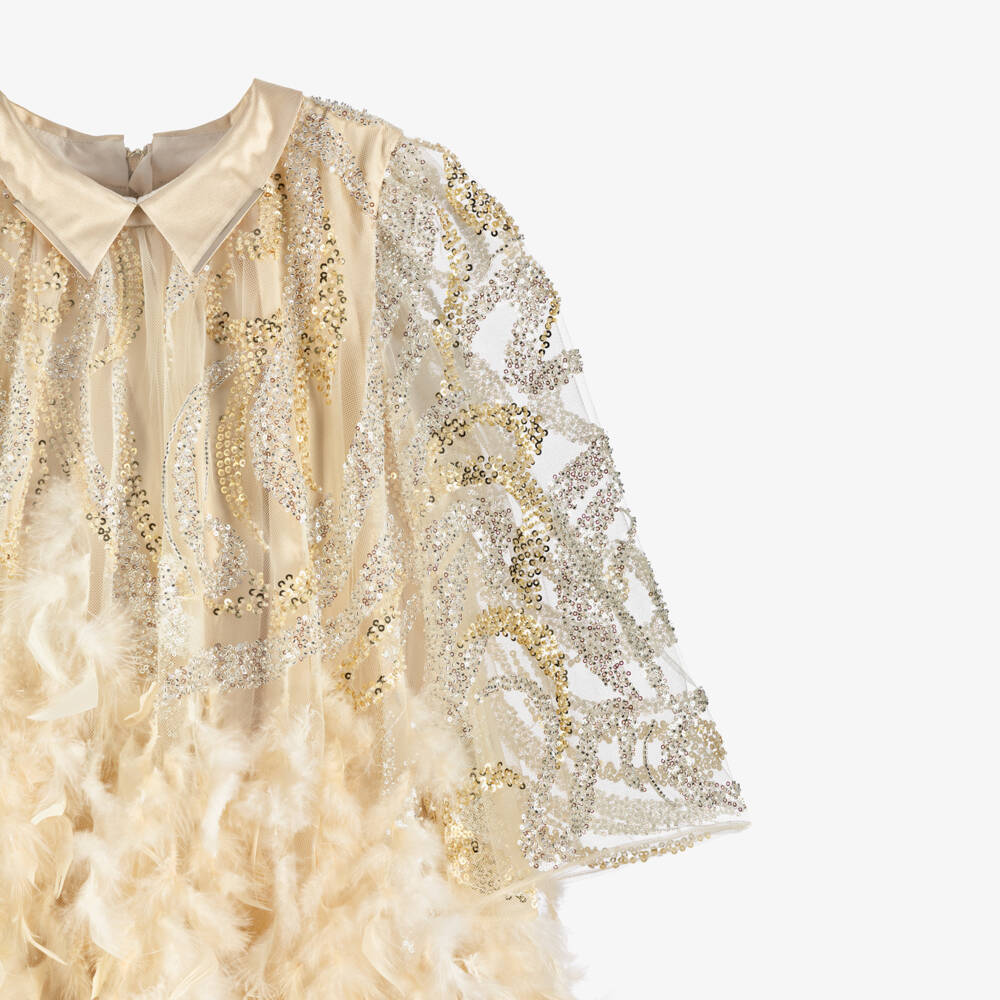 Junona-Girls Beige Tulle Dress with Sequin & Feather Trim | Childrensalon Outlet