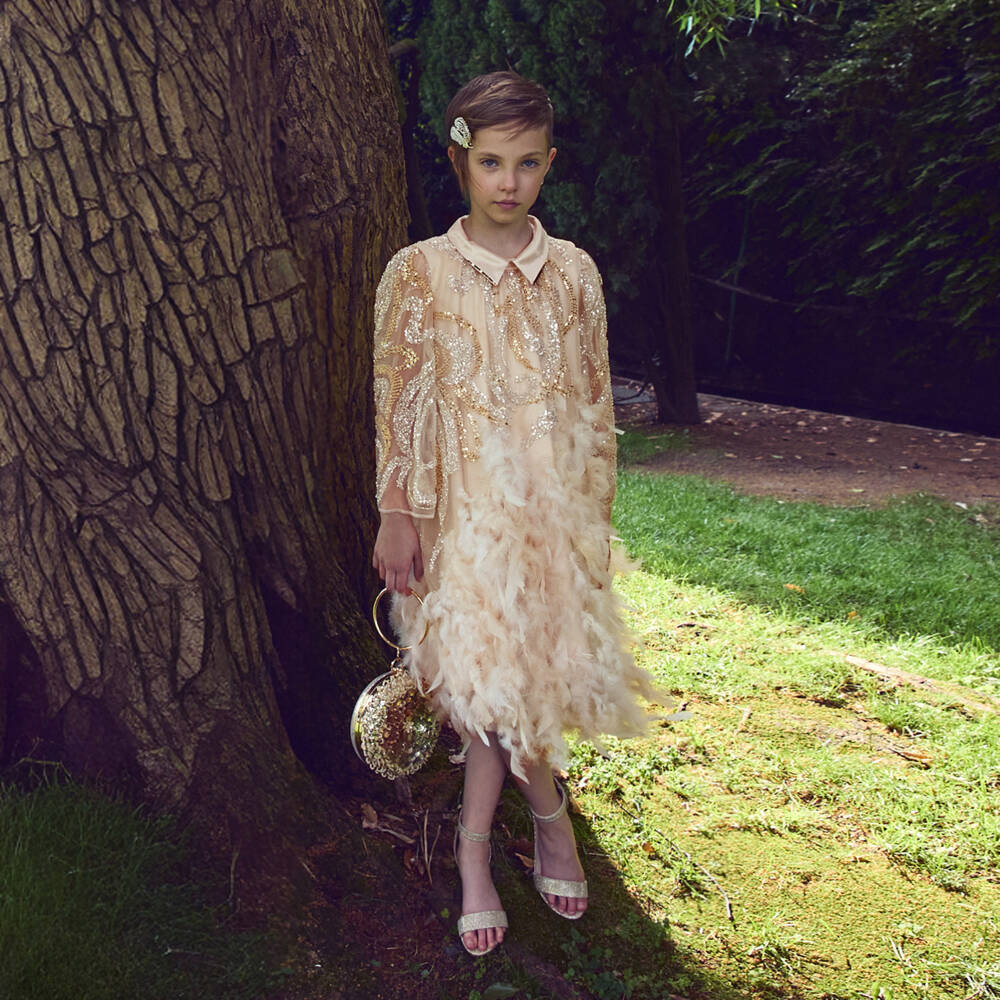 Junona-Girls Beige Tulle Dress with Sequin & Feather Trim | Childrensalon Outlet