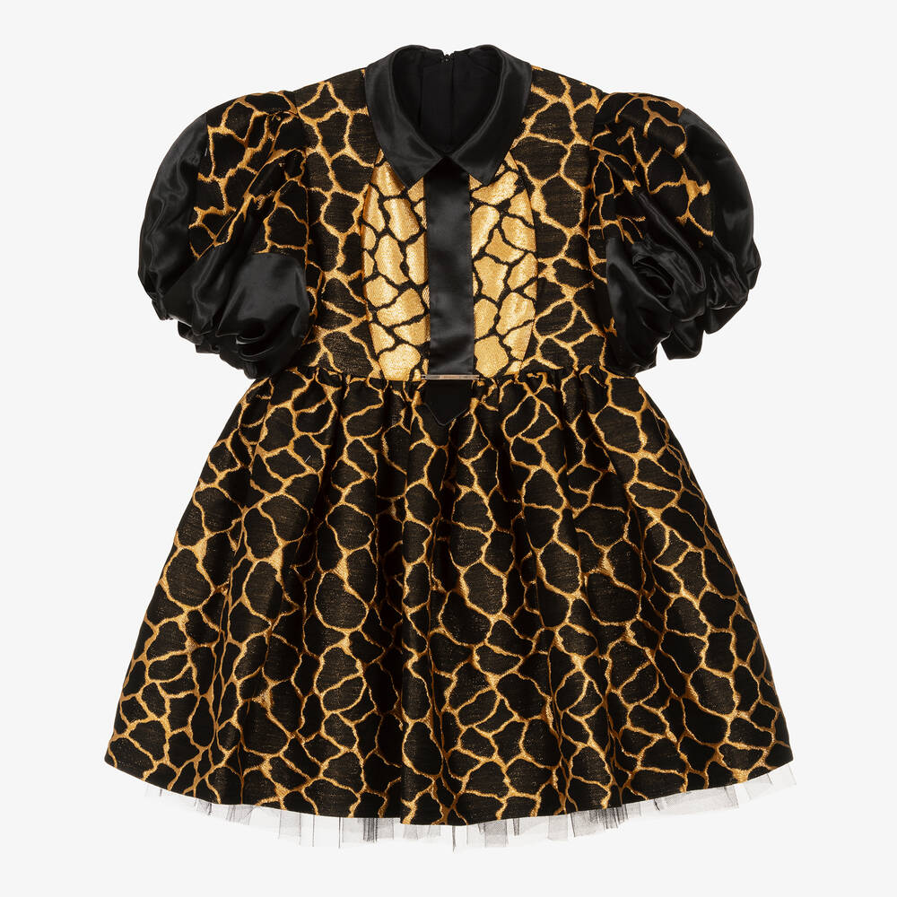 Junona - Girls Black & Gold Jacquard Dress | Childrensalon