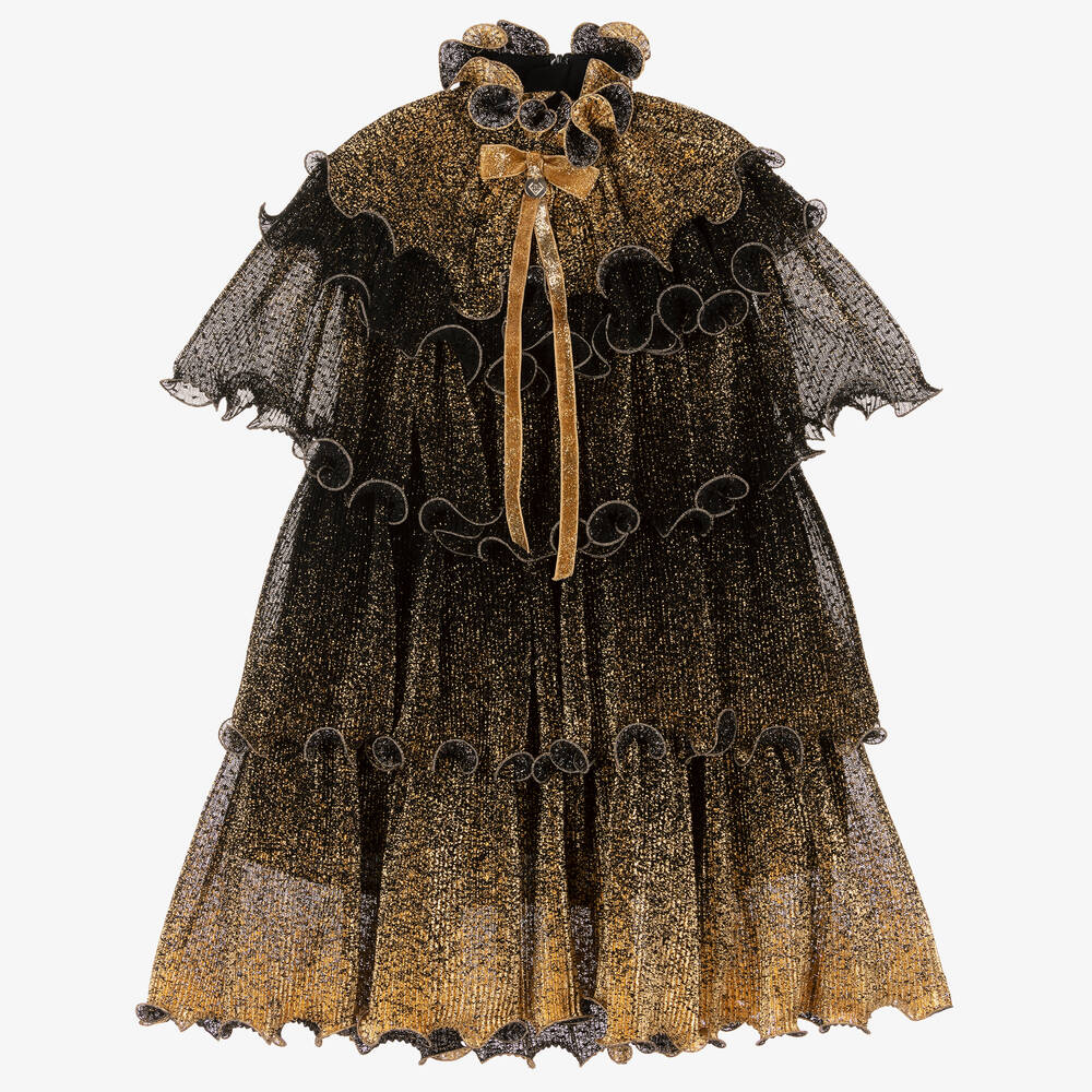 Junona - Girls Black & Gold Plissé Dress | Childrensalon