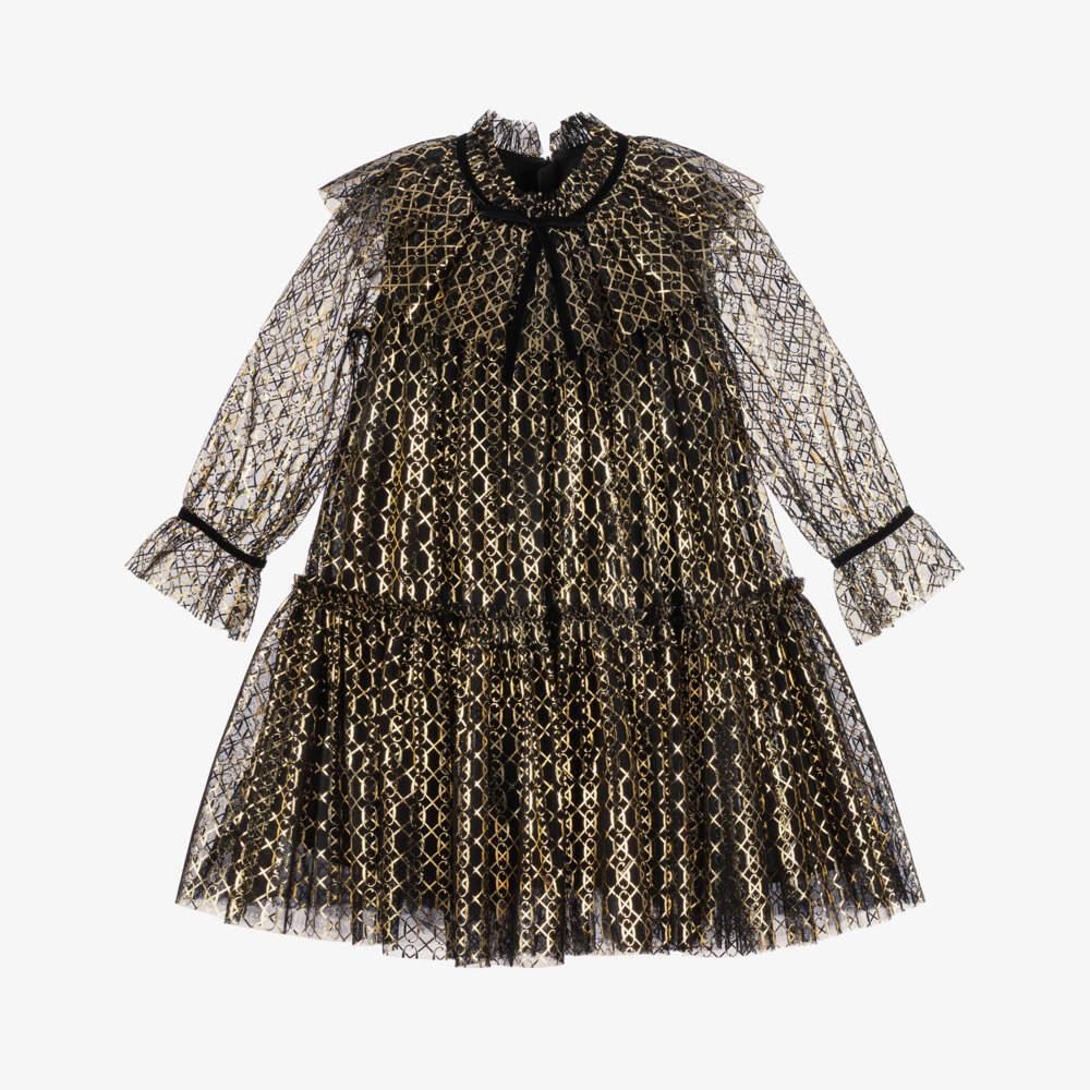 Junona-Girls Black & Metallic Gold Tulle Dress | Childrensalon Outlet