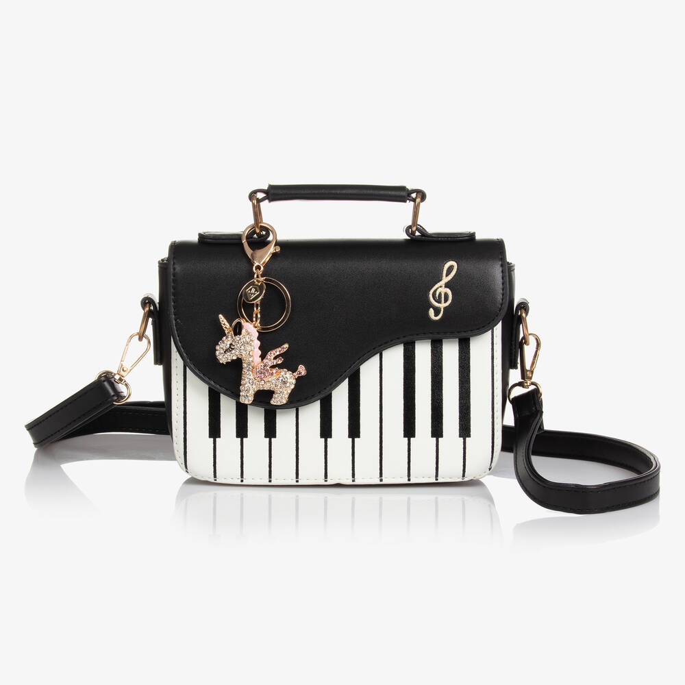 Junona - Girls Black Piano Faux Leather Handbag (20cm) | Childrensalon