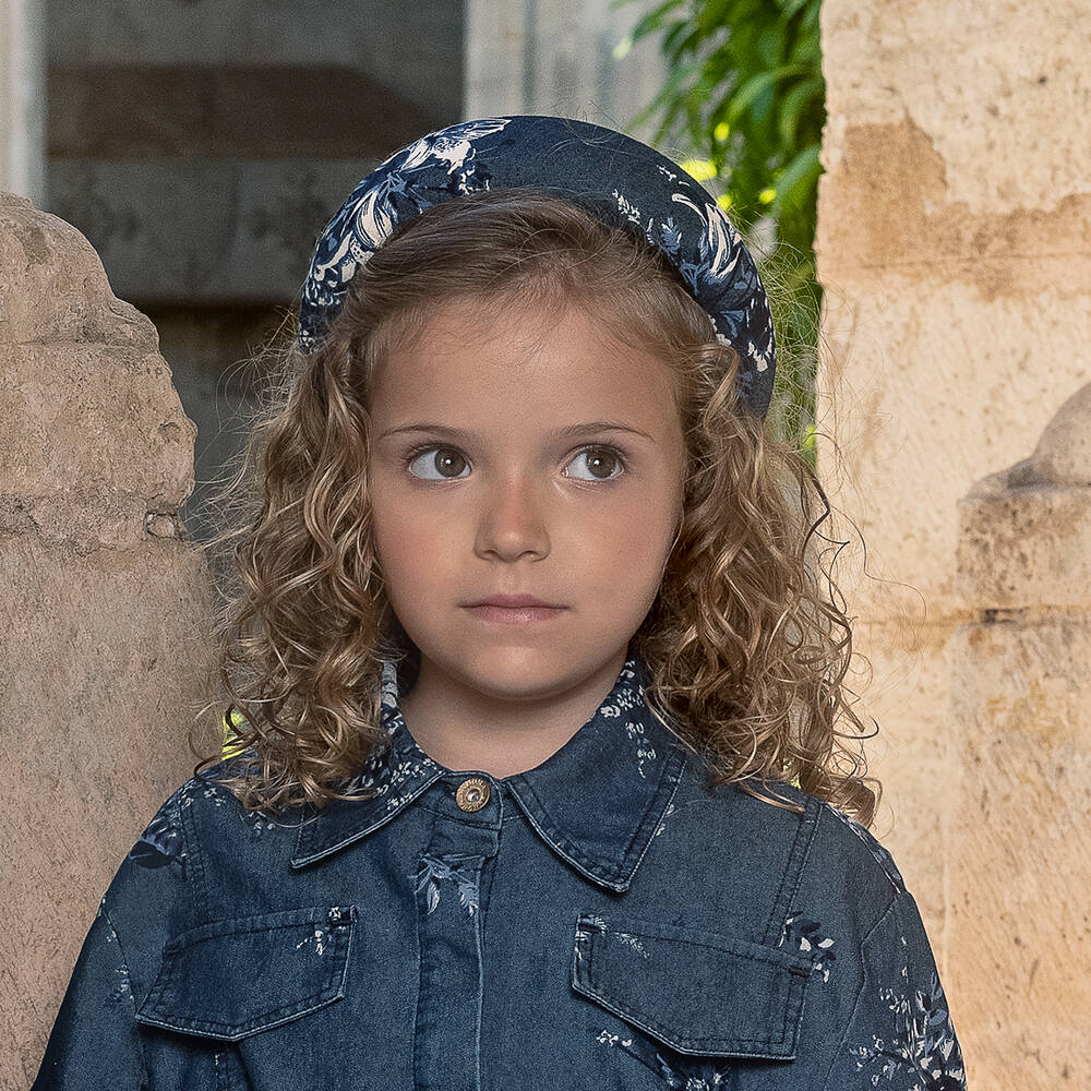 Junona-Girls Blue Cotton Chambray Floral Hairband | Childrensalon Outlet