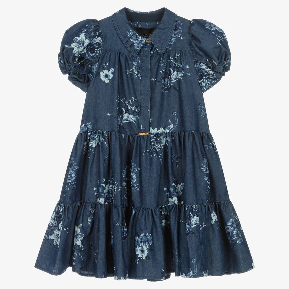 Junona - Girls Blue Floral Chambray Dress | Childrensalon