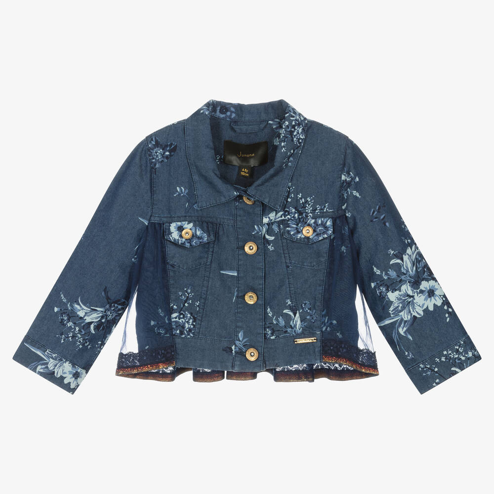 Junona - Girls Blue Floral Chambray Jacket | Childrensalon