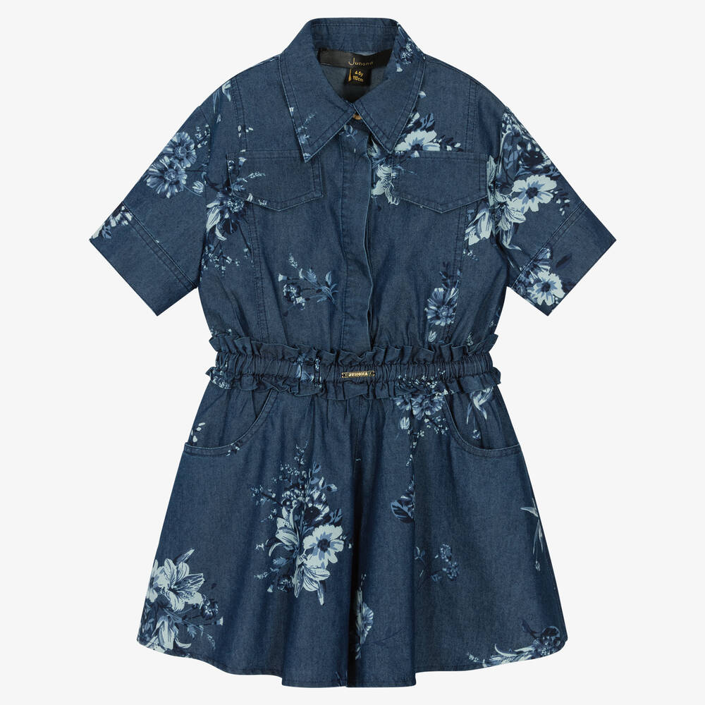 Junona-بلاي سوت قطن شامبري لون أزرق داكن بطبعة ورود | Childrensalon Outlet