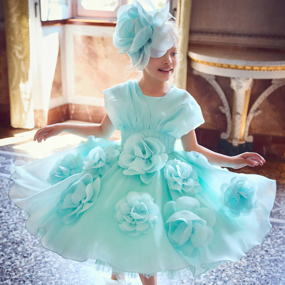 Junona-Girls Blue Floral Organza Dress | Childrensalon Outlet