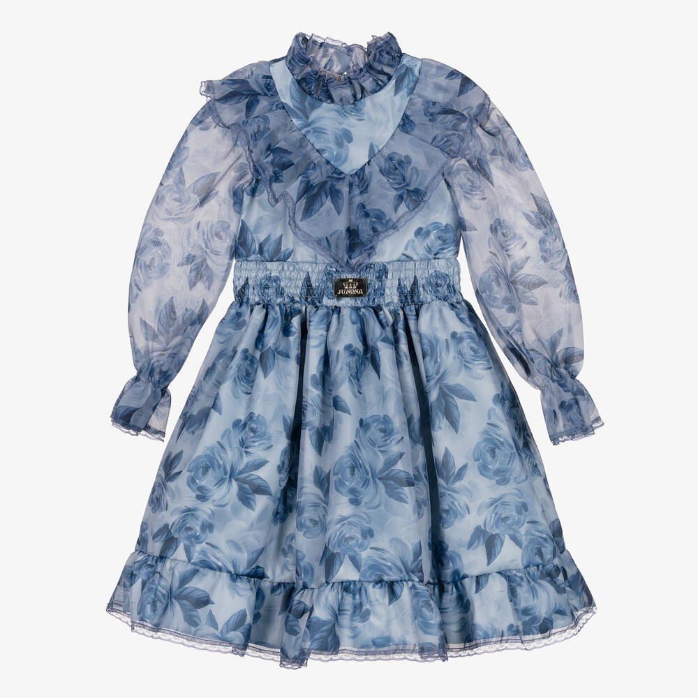 Junona - Голубое платье из органзы и кружева с цветами | Childrensalon