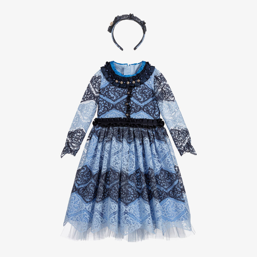 Junona - Girls Blue Lace Dress Set | Childrensalon