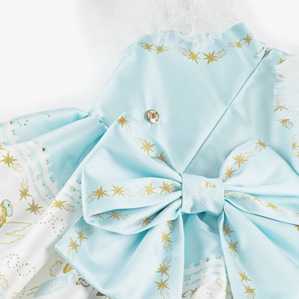 Junona-Girls Blue Satin Dress with Festive Angels | Childrensalon Outlet
