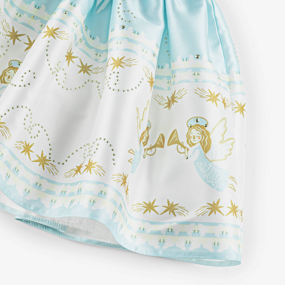 Junona-Girls Blue Satin Dress with Festive Angels | Childrensalon Outlet