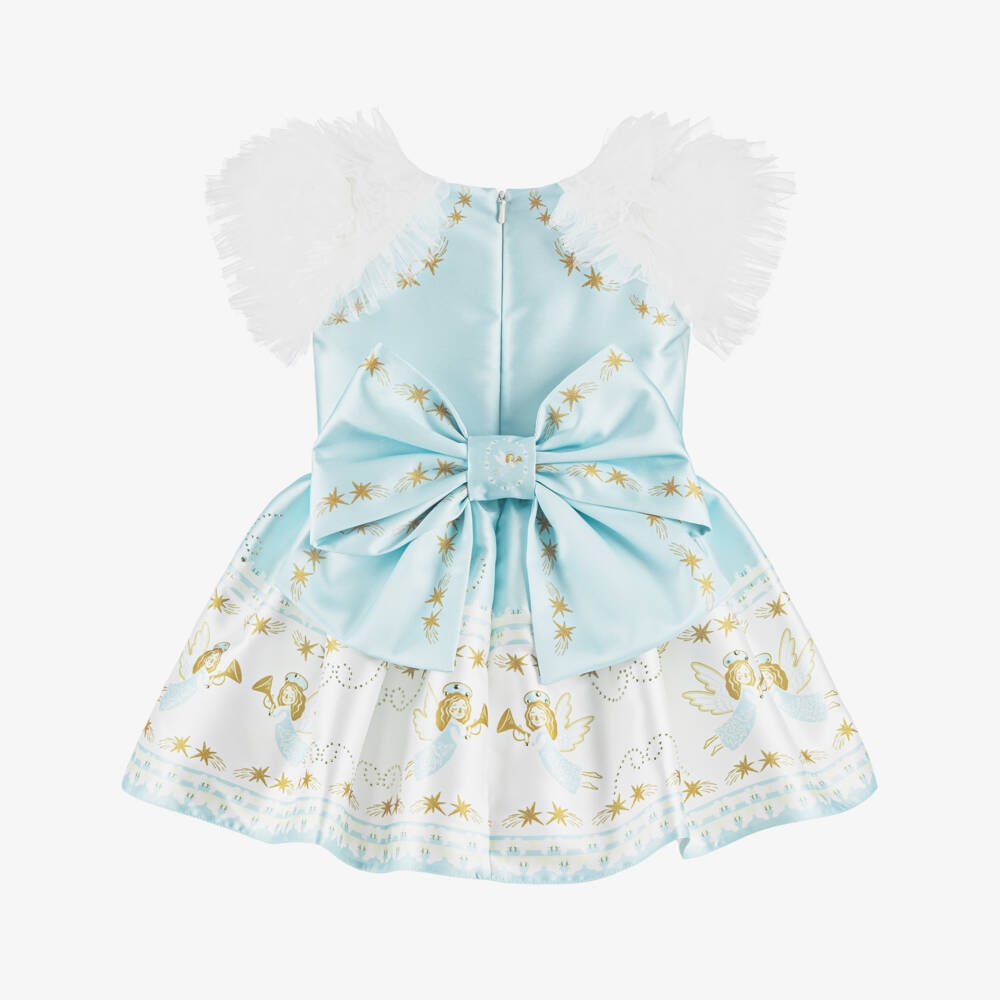 Junona-Girls Blue Satin Dress with Festive Angels | Childrensalon Outlet