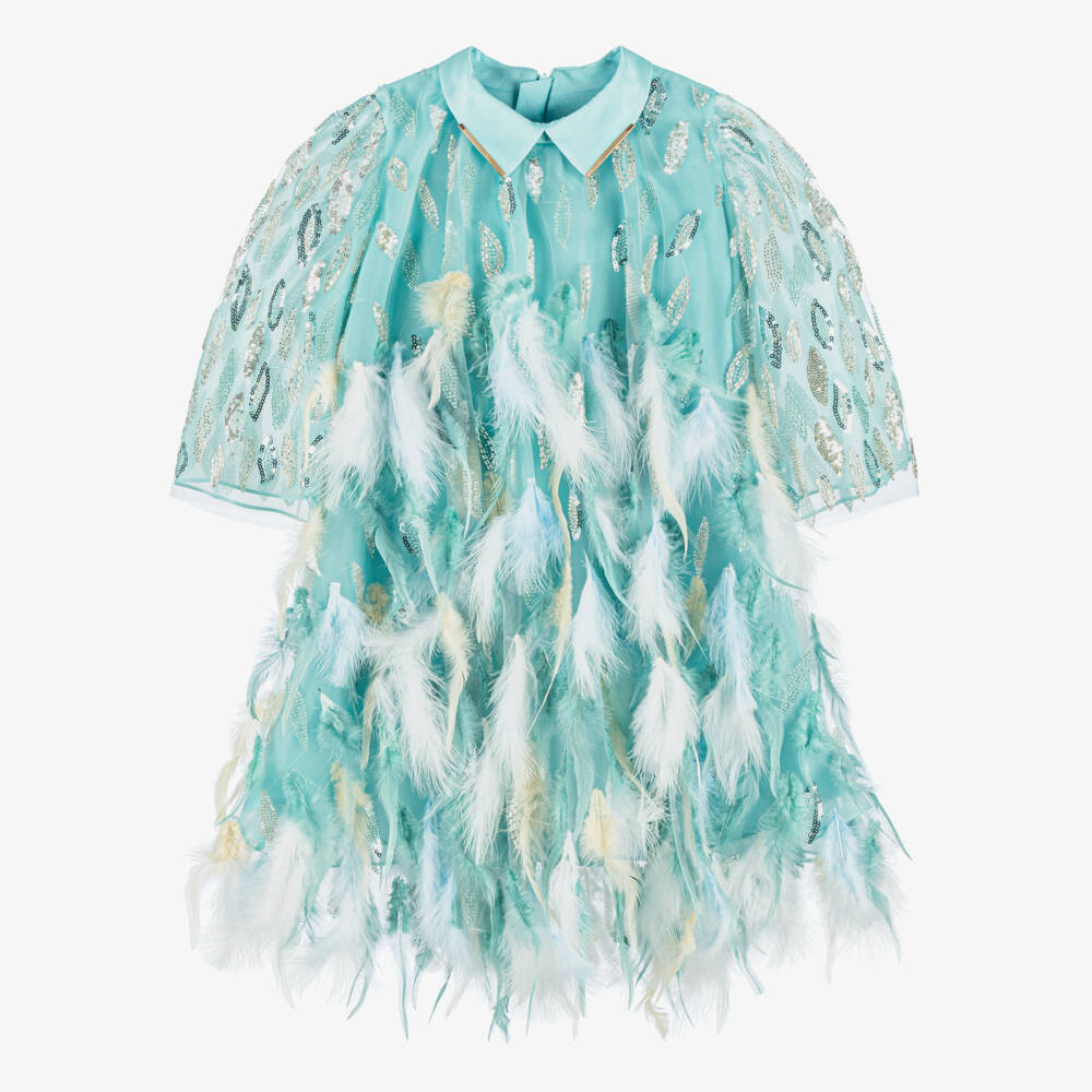 Junona-Girls Blue Sequin & Feather Tulle Dress | Childrensalon Outlet