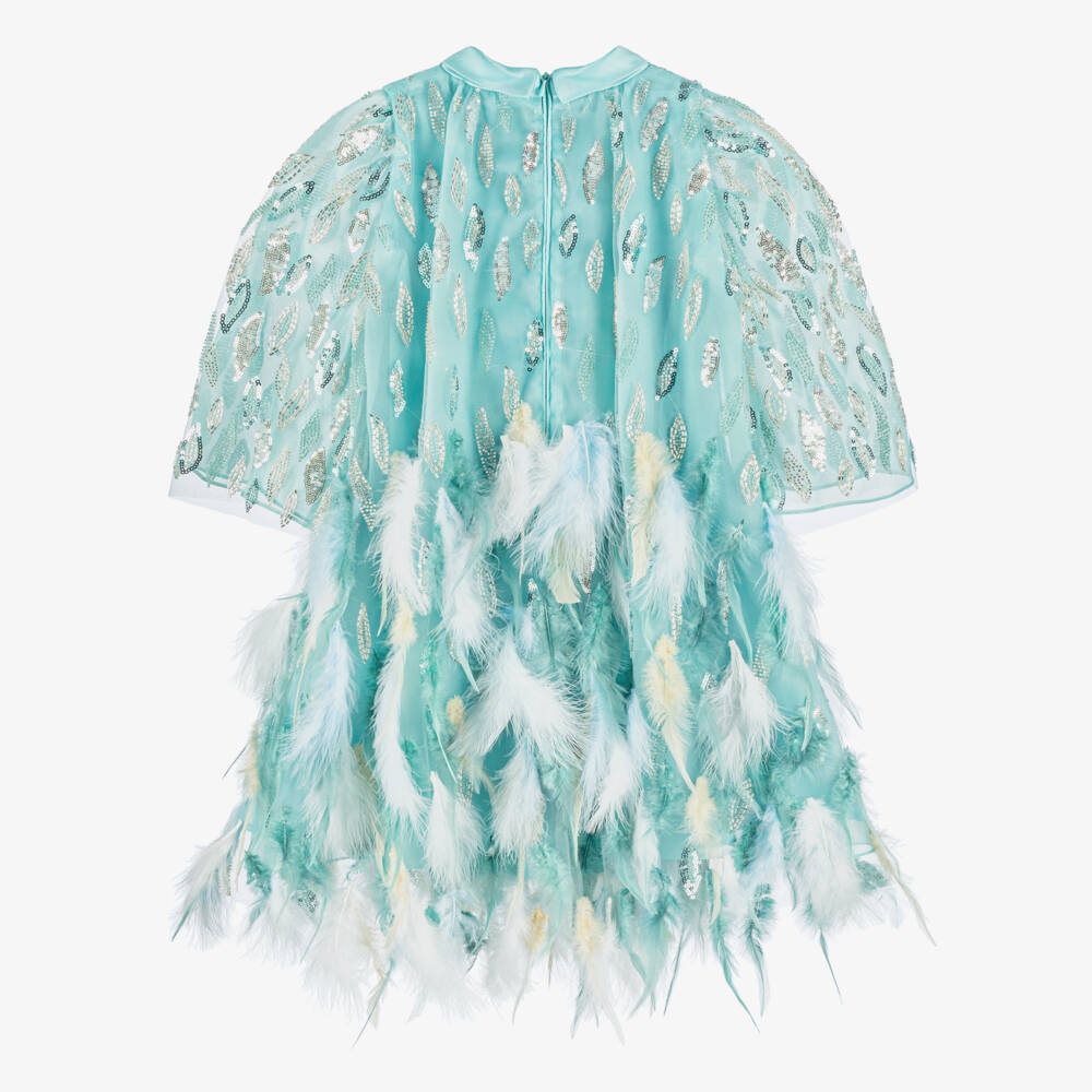 Junona-Girls Blue Sequin & Feather Tulle Dress | Childrensalon Outlet