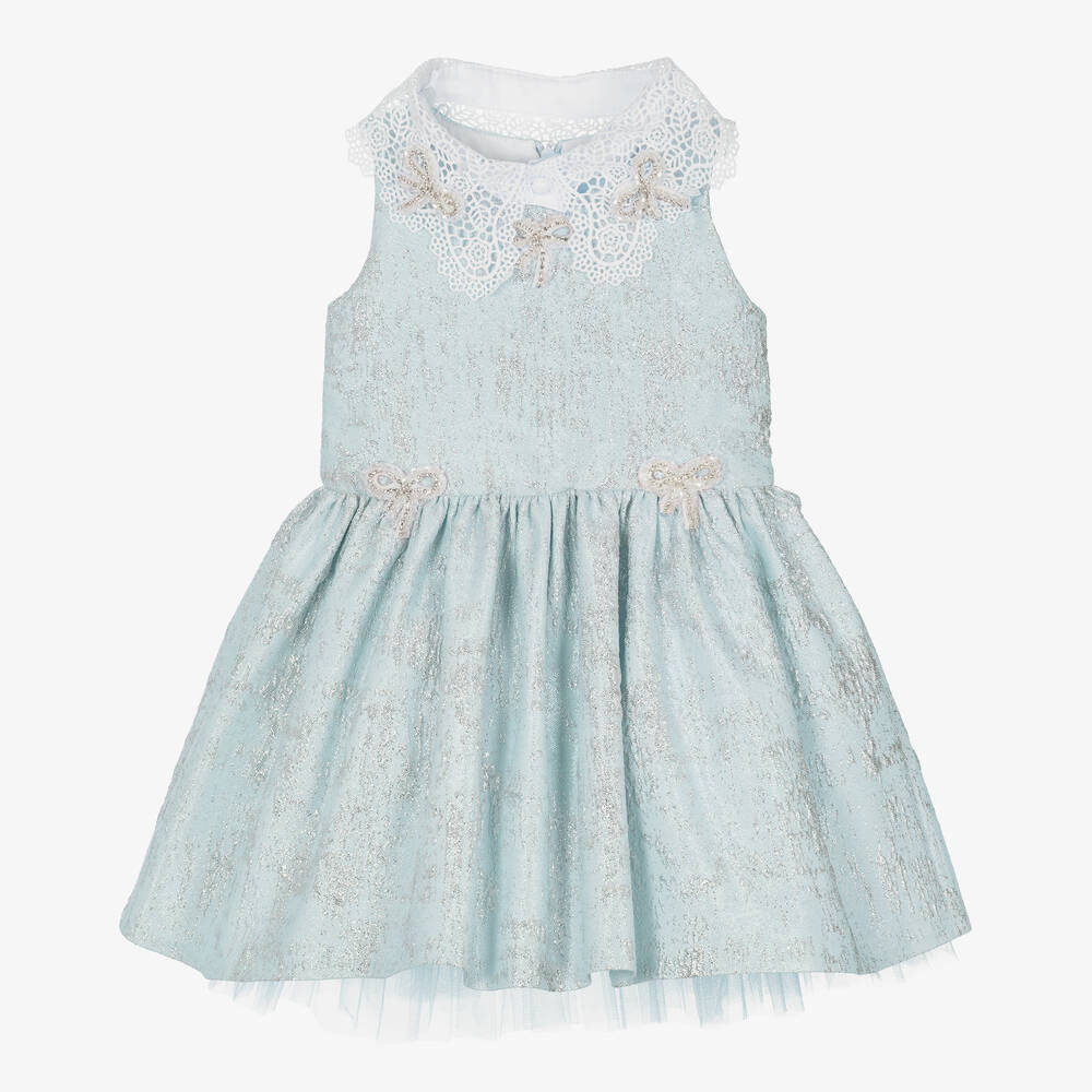 Junona - Girls Blue & Silver Jacquard Bow Dress | Childrensalon