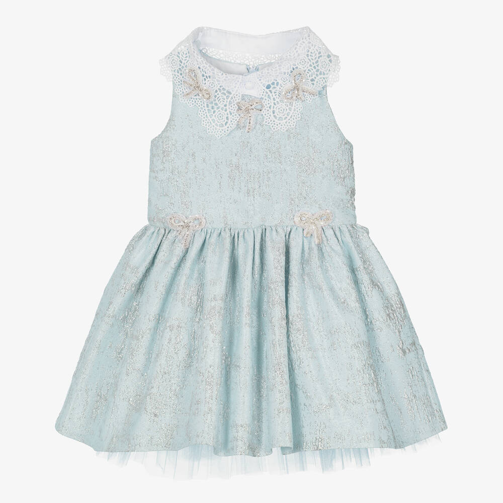 Junona-Girls Blue & Silver Jacquard Bow Dress | Childrensalon Outlet