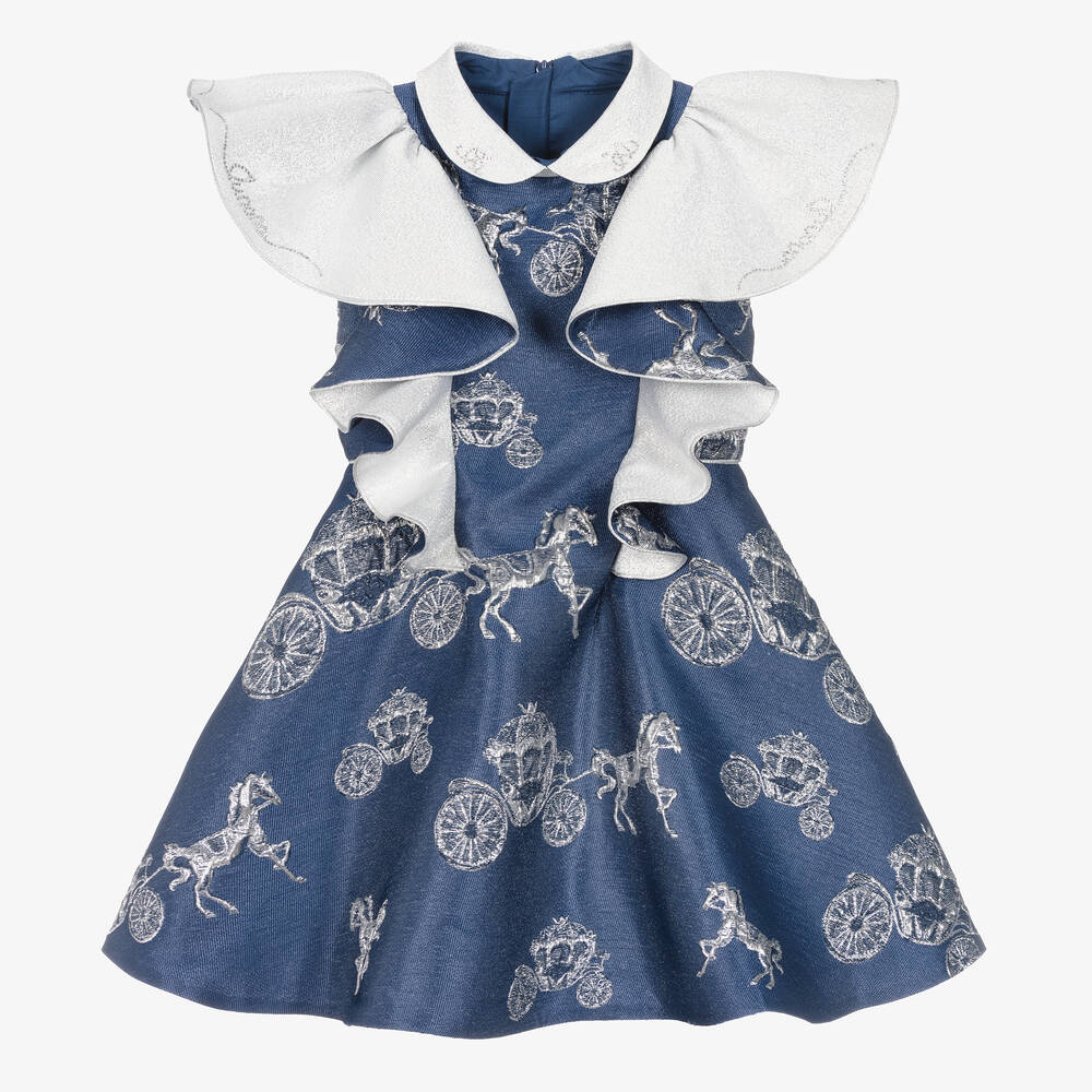 Junona - Girls Blue & Silver Jacquard Dress | Childrensalon