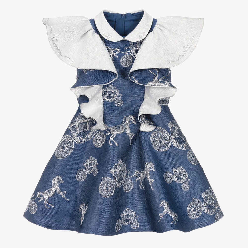 Junona-Girls Blue & Silver Jacquard Dress | Childrensalon Outlet