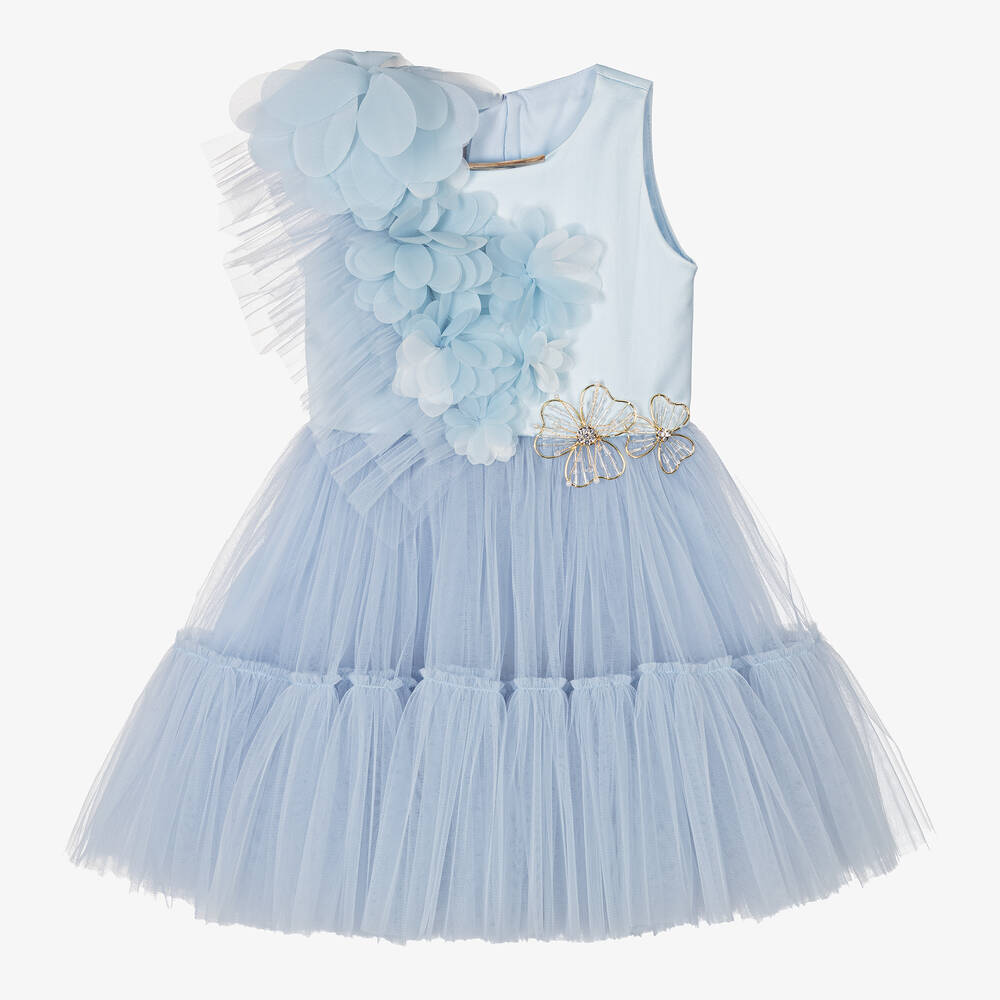 Junona-Girls Blue Tulle Flower Dress | Childrensalon Outlet