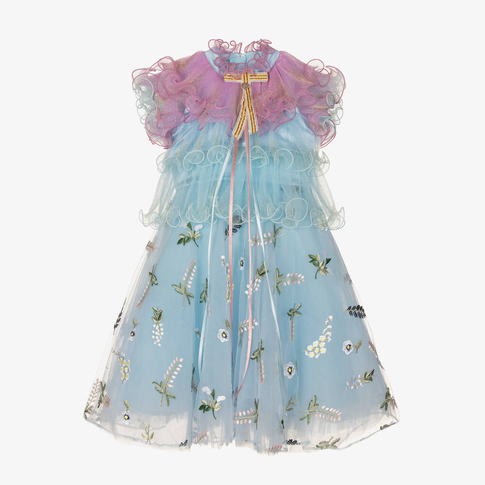 Junona - Girls Blue Tulle & Plissé Ruffle Dress | Childrensalon