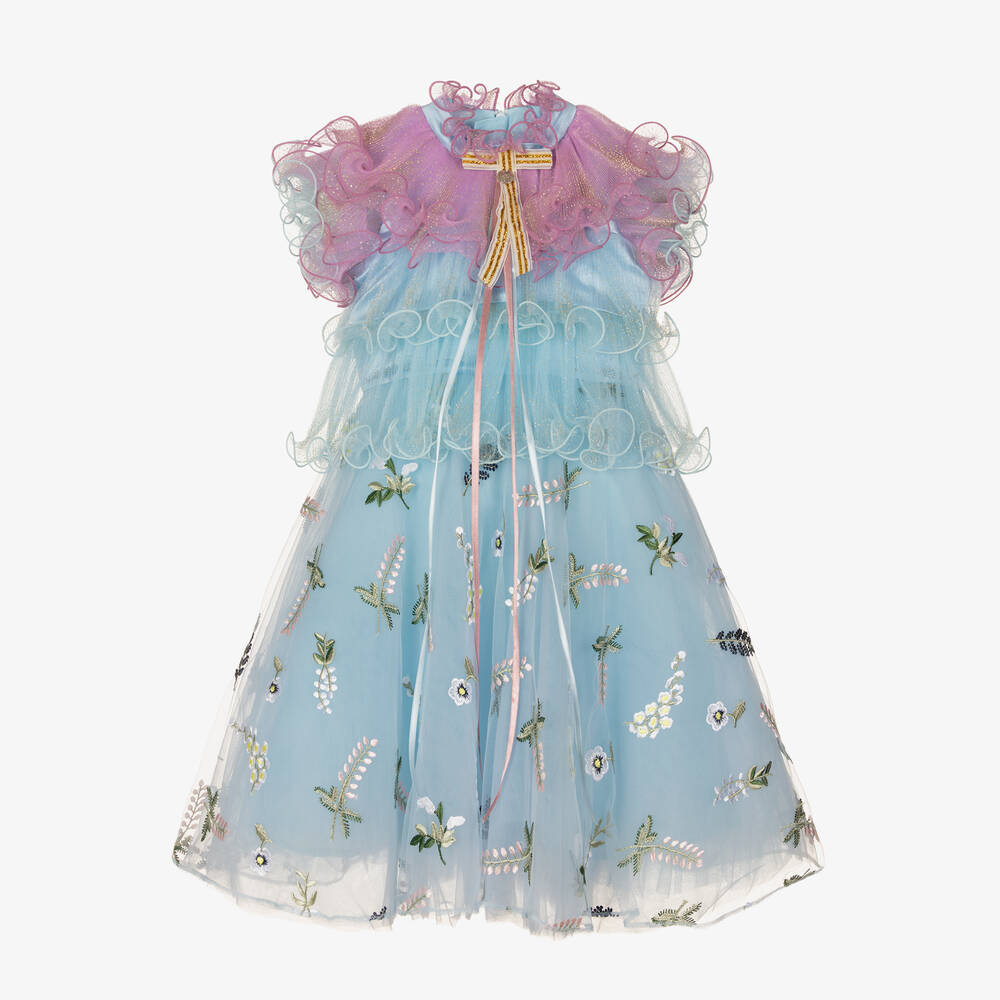 Junona - Robe bleue plissée tulle à volants | Childrensalon