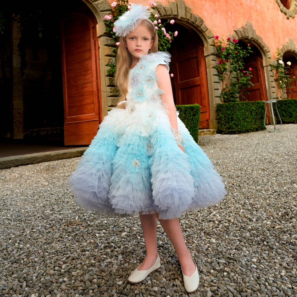 Junona-Girls Blue & White Tulle Dress | Childrensalon Outlet