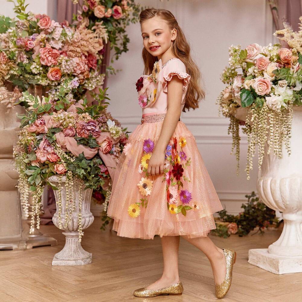 Junona-Girls Blush Floral Tulle Embro Skirt | Childrensalon Outlet