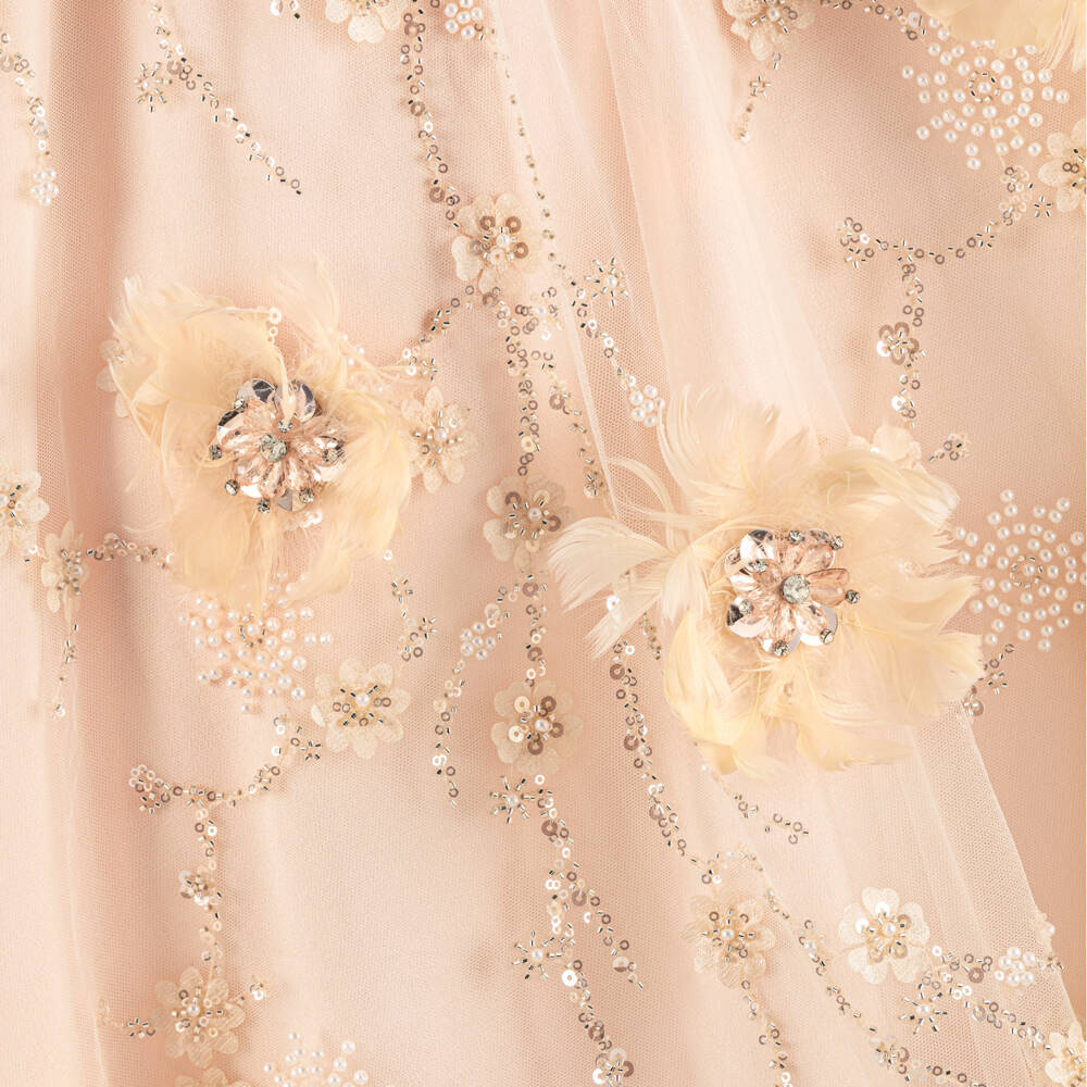 Junona-Girls Blush Pink Beaded Feather Flower Tulle Dress | Childrensalon Outlet
