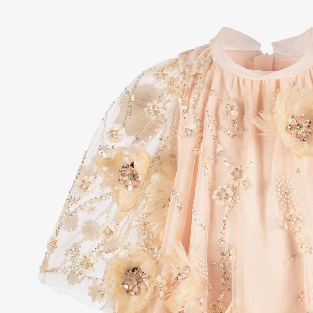 Junona-Girls Blush Pink Beaded Feather Flower Tulle Dress | Childrensalon Outlet