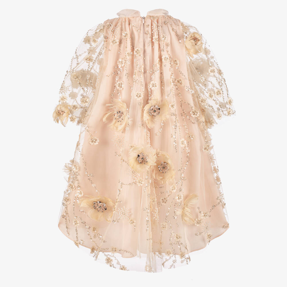 Junona-Girls Blush Pink Beaded Feather Flower Tulle Dress | Childrensalon Outlet
