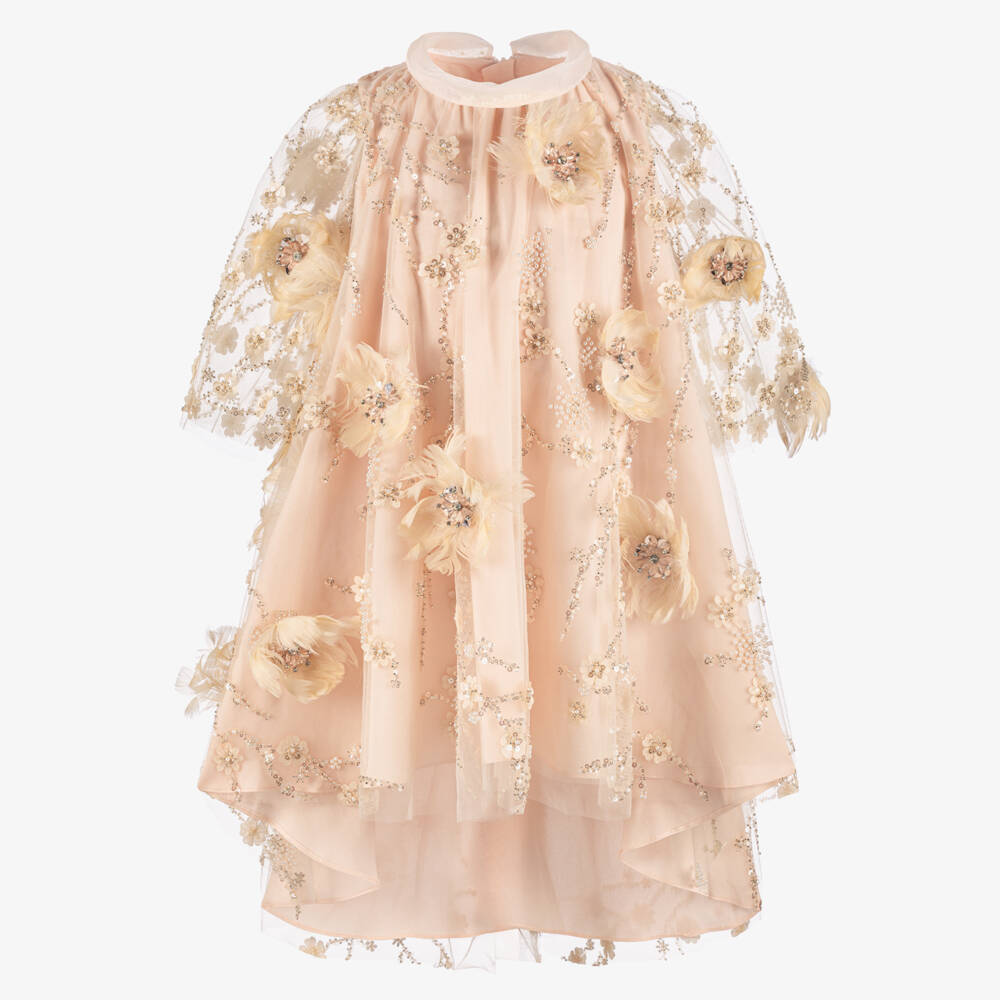 Junona-Girls Blush Pink Beaded Feather Flower Tulle Dress | Childrensalon Outlet