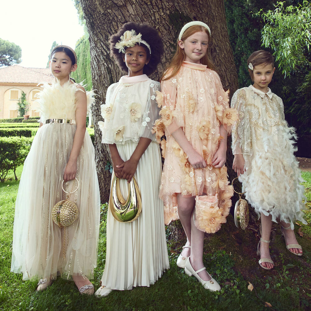 Junona-Girls Blush Pink Beaded Feather Flower Tulle Dress | Childrensalon Outlet