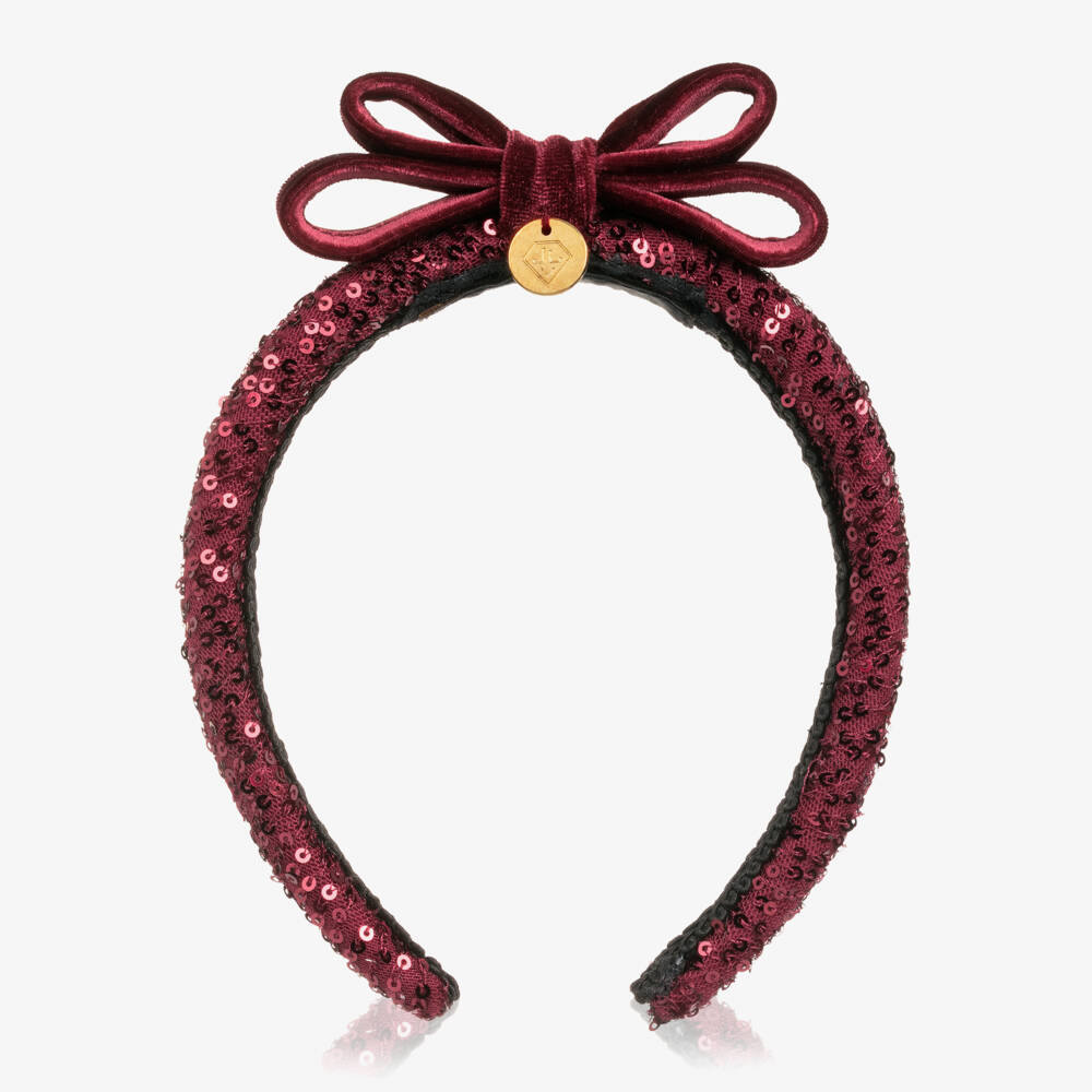 Junona-Girls Burgundy Red Sequin & Velvet Bow Hairband | Childrensalon Outlet