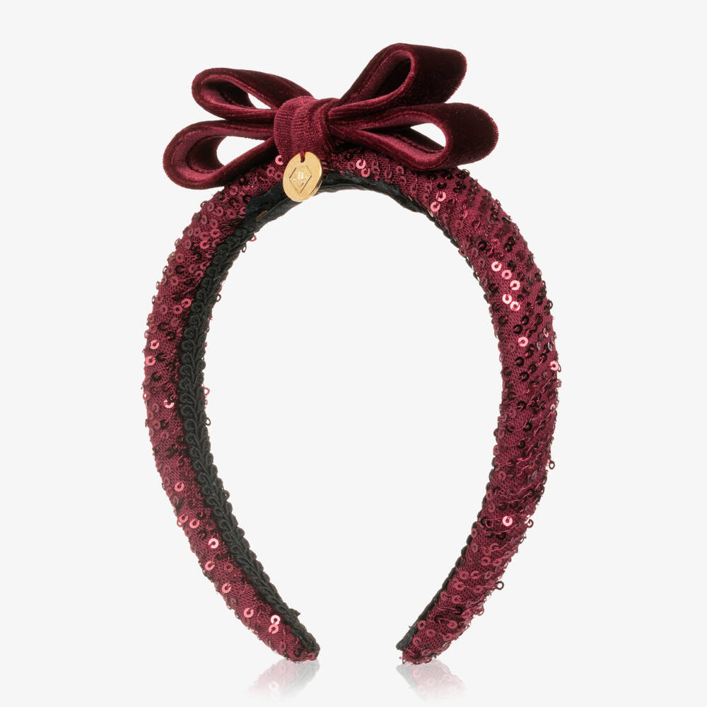 Junona-Girls Burgundy Red Sequin & Velvet Bow Hairband | Childrensalon Outlet