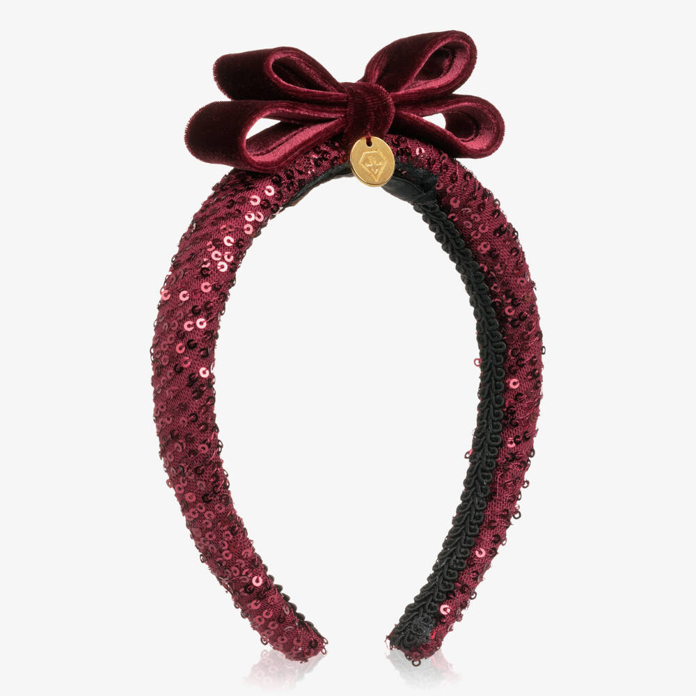 Junona-Girls Burgundy Red Sequin & Velvet Bow Hairband | Childrensalon Outlet