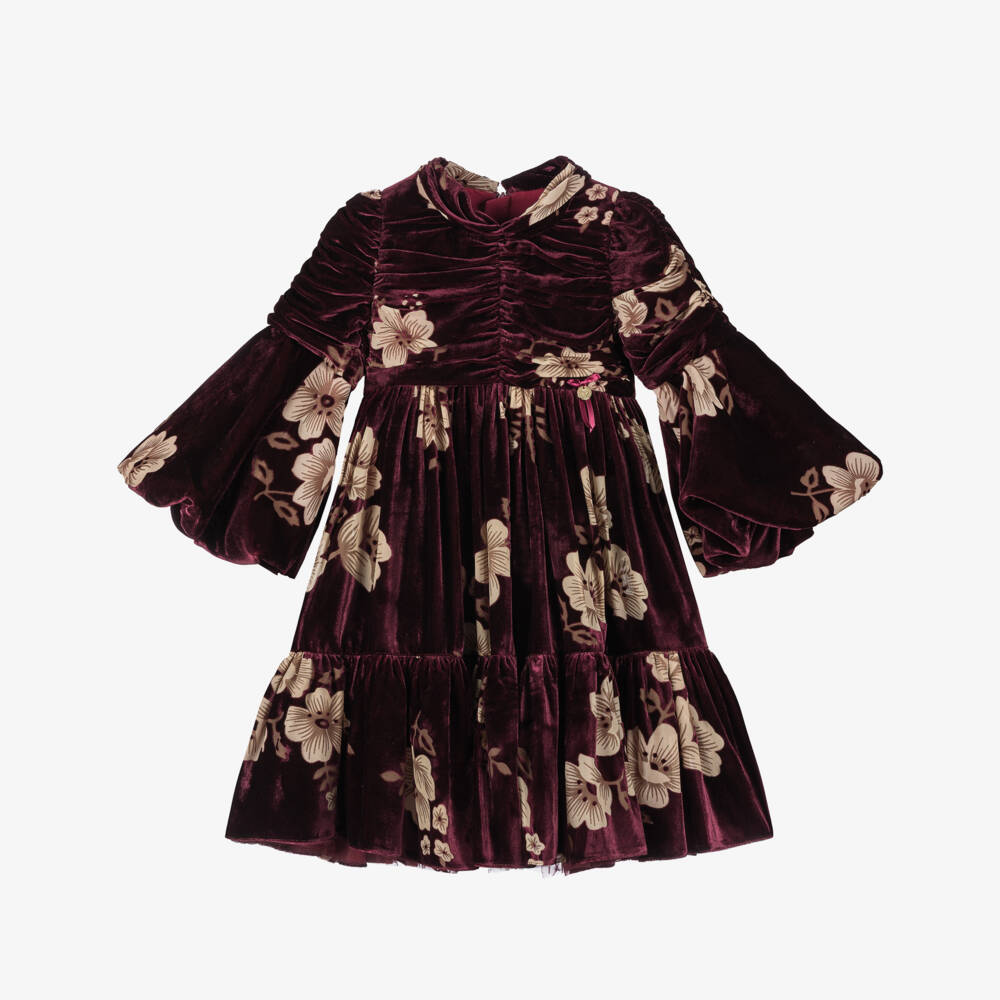 Junona-Girls Burgundy Red Velvet Floral Dress | Childrensalon Outlet