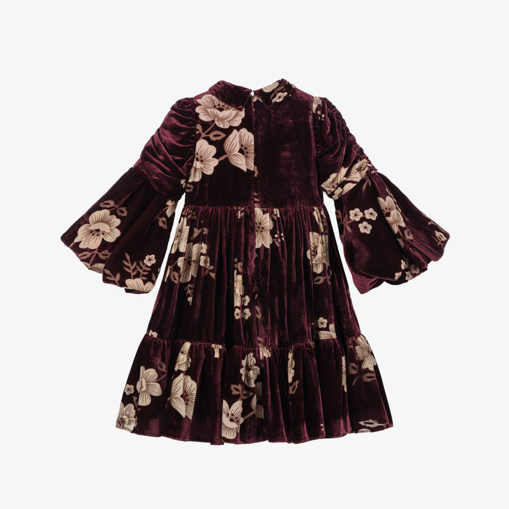 Junona-Girls Burgundy Red Velvet Floral Dress | Childrensalon Outlet