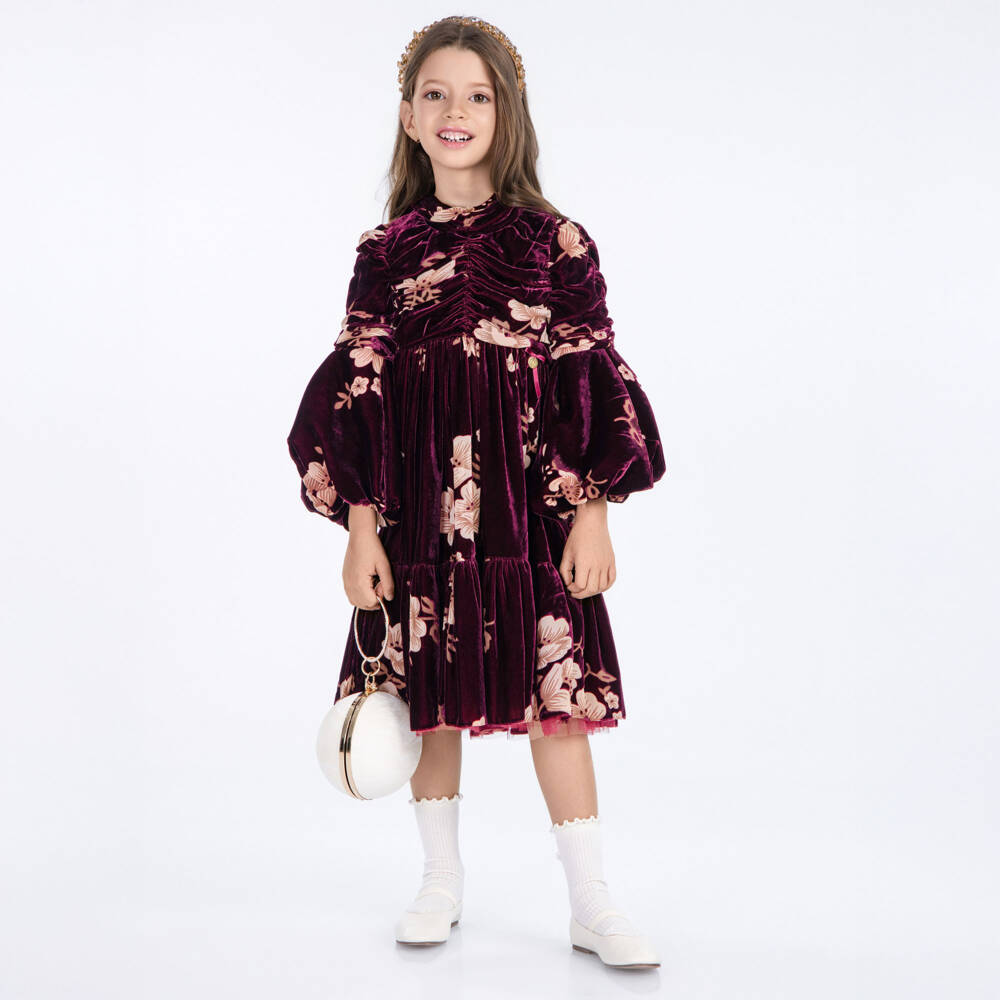 Junona-Girls Burgundy Red Velvet Floral Dress | Childrensalon Outlet