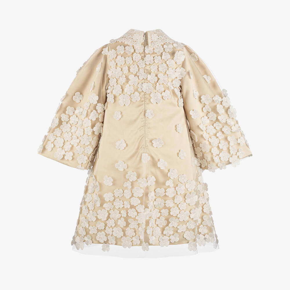 Junona-Girls Champagne Gold Tulle Dress with Floral Appliqués | Childrensalon Outlet