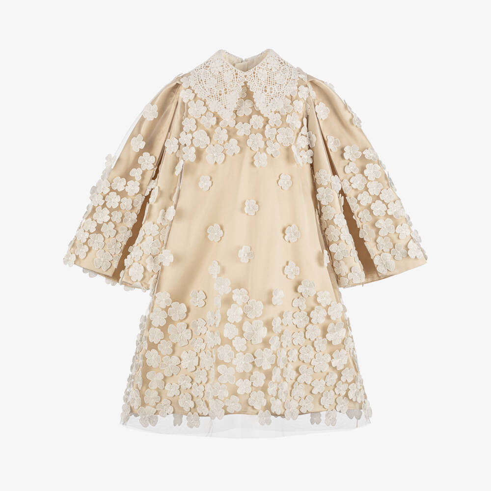 Junona-Girls Champagne Gold Tulle Dress with Floral Appliqués | Childrensalon Outlet