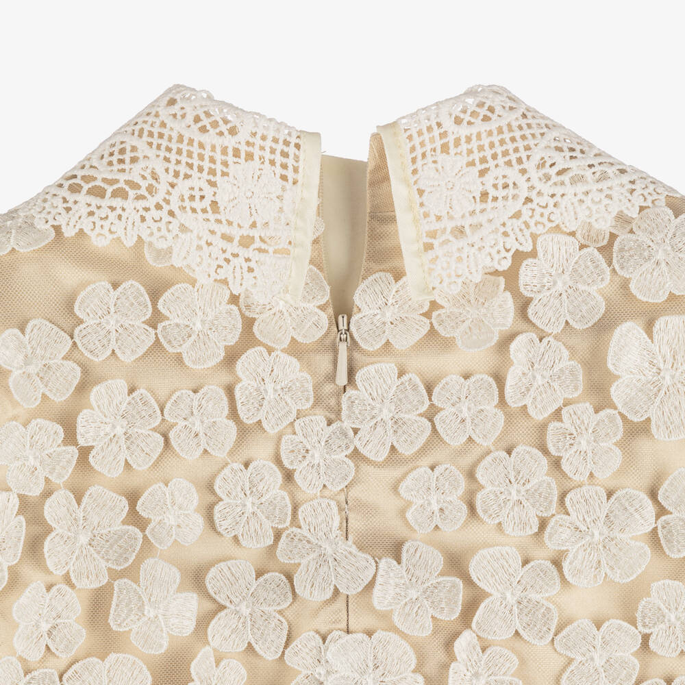 Junona-Girls Champagne Gold Tulle Dress with Floral Appliqués | Childrensalon Outlet