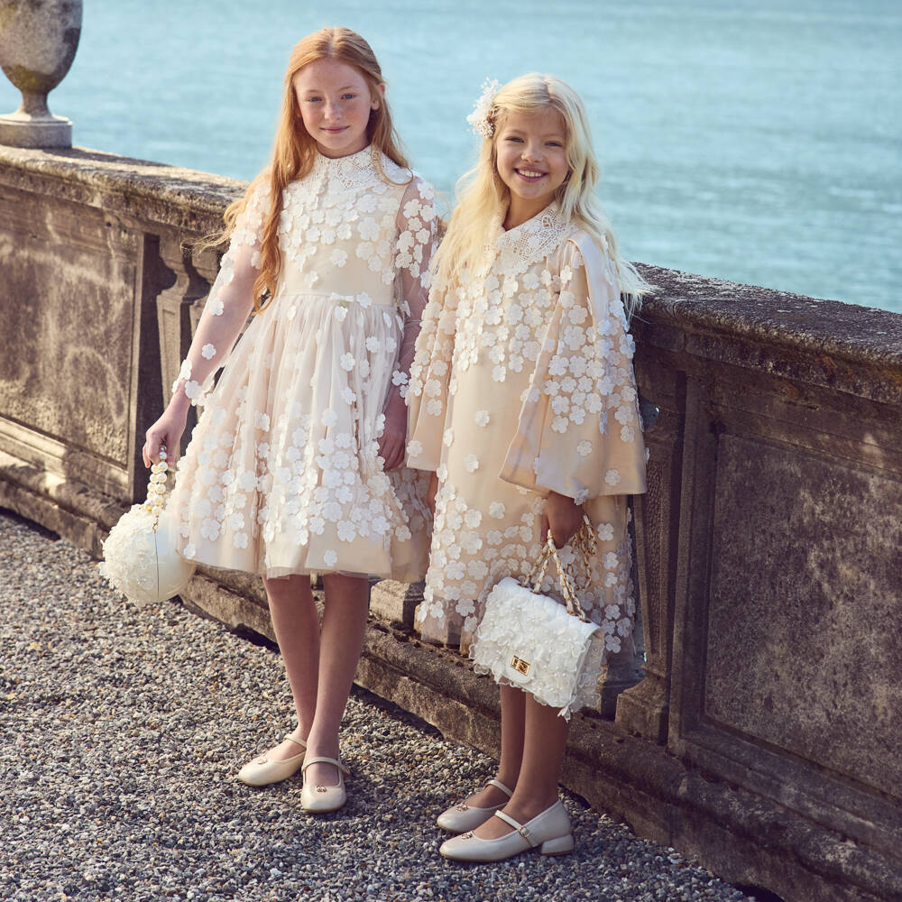 Junona-Girls Champagne Gold Tulle Dress with Floral Appliqués | Childrensalon Outlet