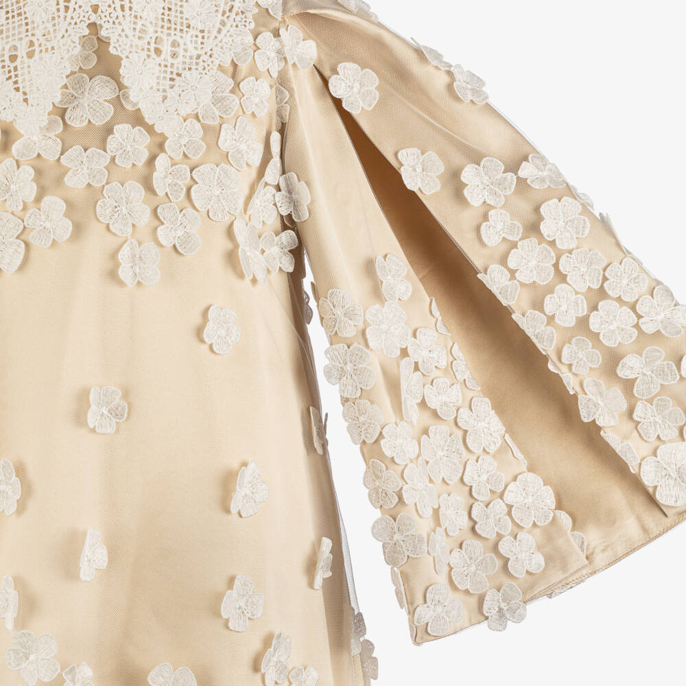 Junona-Girls Champagne Gold Tulle Dress with Floral Appliqués | Childrensalon Outlet