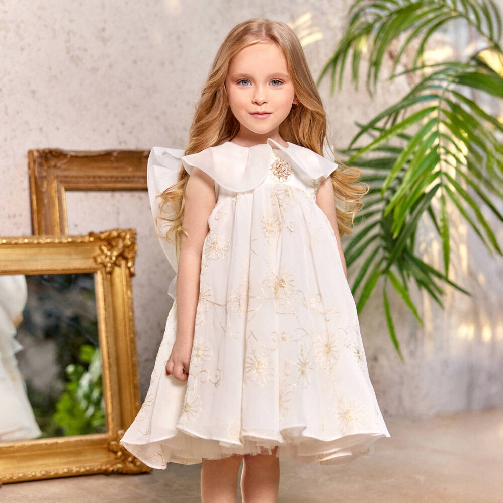 Junona-Girls Chiffon & Gold Embroidered Gown | Childrensalon Outlet