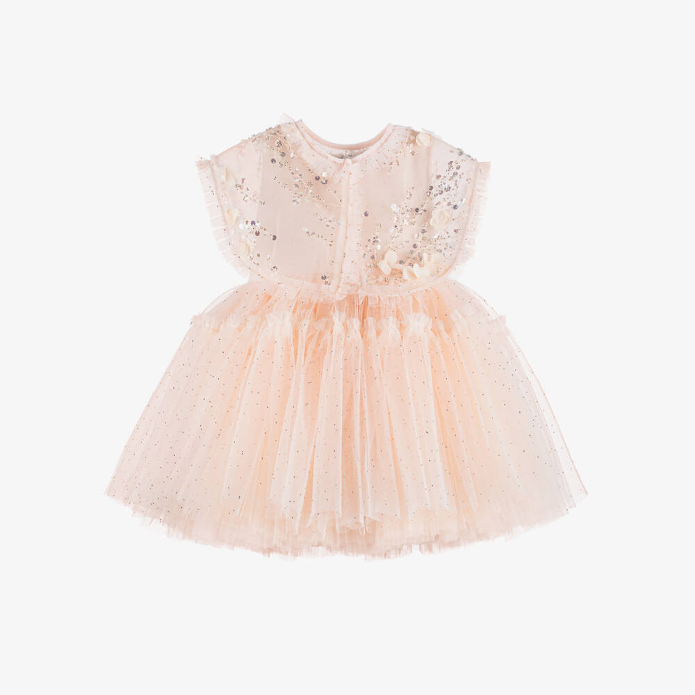 Junona-Girls Dusky Pink Tulle Dress with Beaded Collar | Childrensalon Outlet
